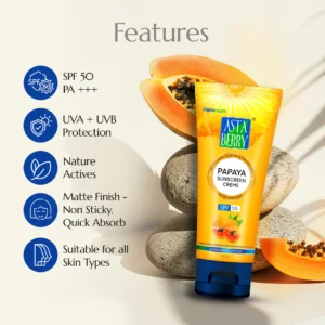 Astaberry Papaya Sunscreen Cream SPF 50 PA+++ | Matte Finish with Papaya Extract – Lightweight Daily UV Protection – 50 ml
