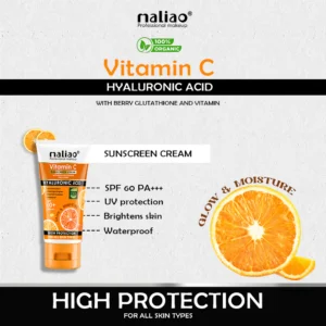 Maliao Sunscreen SPF 60 PA+++ | With Vitamin C, Berry Glutathione & Hyaluronic Acid | Brightening & Hydrating Sun Protection – 60g