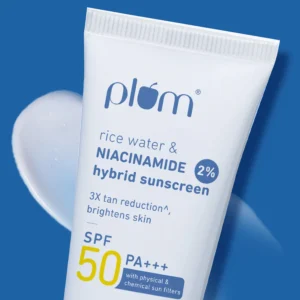 Plum 2% Niacinamide & Rice Water Sunscreen SPF 50 PA+++ | Brightening, Non-Sticky & No White Cast Sun Shield – 80 g