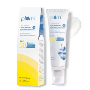 Plum 2% Niacinamide & Rice Water Sunscreen SPF 50 PA+++ | Brightening, Non-Sticky & No White Cast Sun Shield – 80 g