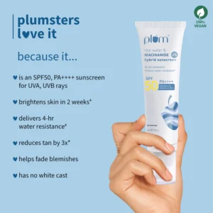 Plum 2% Niacinamide & Rice Water Sunscreen SPF 50 PA+++ | Brightening, Non-Sticky & No White Cast Sun Shield – 80 g