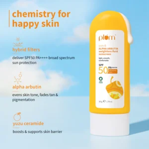 Plum Yuzu & Alpha Arbutin Fluid Sunscreen SPF 50 PA++++ | Lightweight, Non-Greasy, Dark Spot Correcting Sun Shield – 50 g