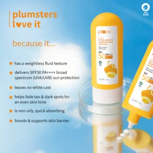 Plum Yuzu & Alpha Arbutin Fluid Sunscreen SPF 50 PA++++ | Lightweight, Non-Greasy, Dark Spot Correcting Sun Shield – 50 g