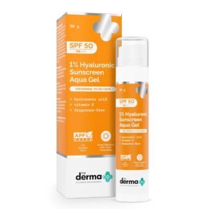 The Derma Co 1% Hyaluronic Sunscreen Aqua Gel SPF 50 PA++++ – Ultra-Light, Hydrating Gel with Hyaluronic Acid & Vitamin E, Blue Light + Broad Spectrum Defense – 30 g