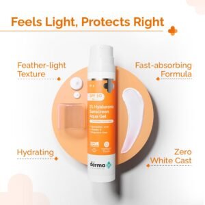 The Derma Co 1% Hyaluronic Sunscreen Aqua Gel SPF 50 PA++++ – Ultra-Light, Hydrating Gel with Hyaluronic Acid & Vitamin E, Blue Light + Broad Spectrum Defense – 30 g