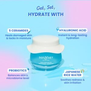 Dot & Key 72Hr Hydrating Gel Moisturizer with Hyaluronic Acid, Probiotics & Rice Water – Lightweight, Oil-Free Face Cream – 60ml
