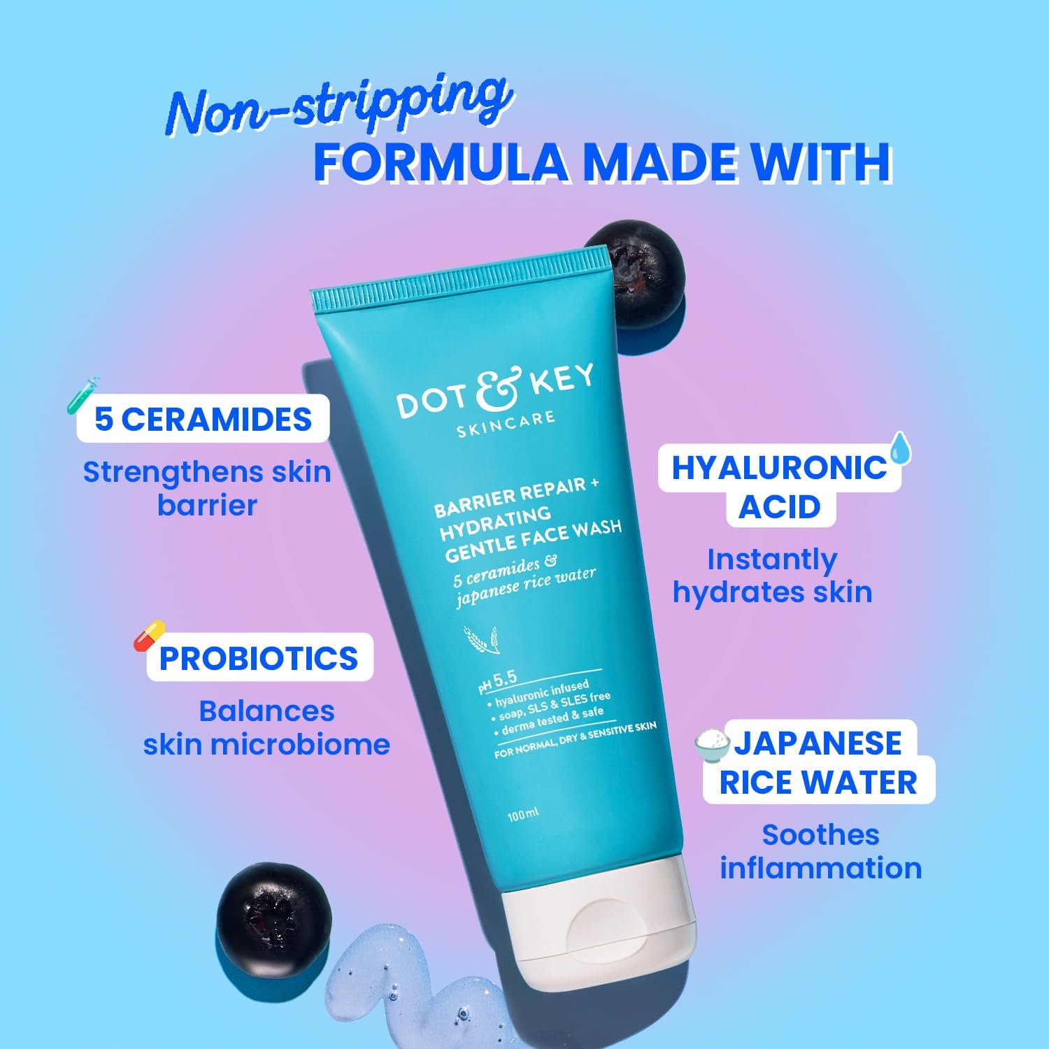 Dot & Key Barrier Repair + Hydrating Gentle Face Wash with Probiotics & Ceramides – Sulphate-Free Cleanser for Dry, Normal & Sensitive Skin - 100ml - Image 4