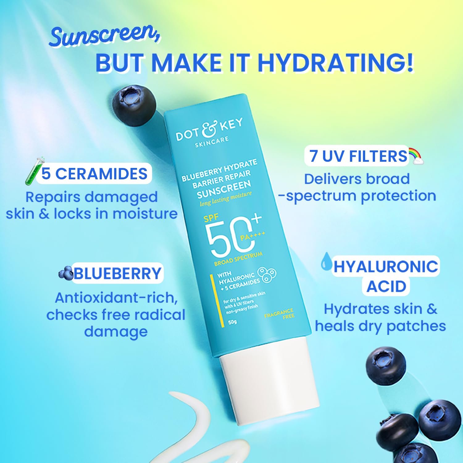 Dot & Key Blueberry Hydrate Barrier Repair Sunscreen SPF 50+ PA++++ | Hydrating, Non-Greasy, Broad-Spectrum Protection – 80g - Image 4