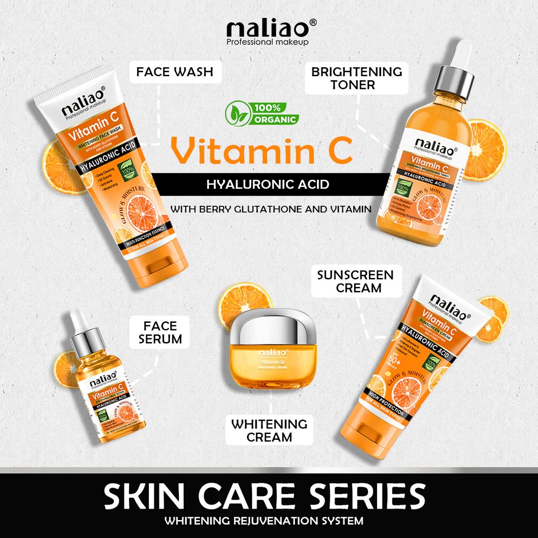 Maliao 5-Piece Vitamin C Skin Care Set | Sunscreen, Serum, Face Wash, Whitening Cream & Toner – 330g - Image 4