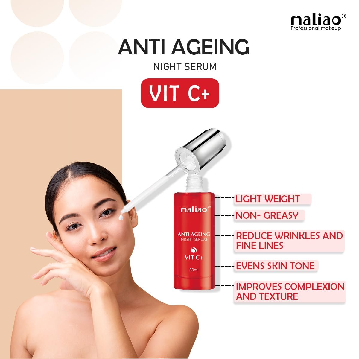 Maliao Vit C+ Anti-Ageing Night Serum – Collagen Boost & Skin Renewal – 30ml - Image 4