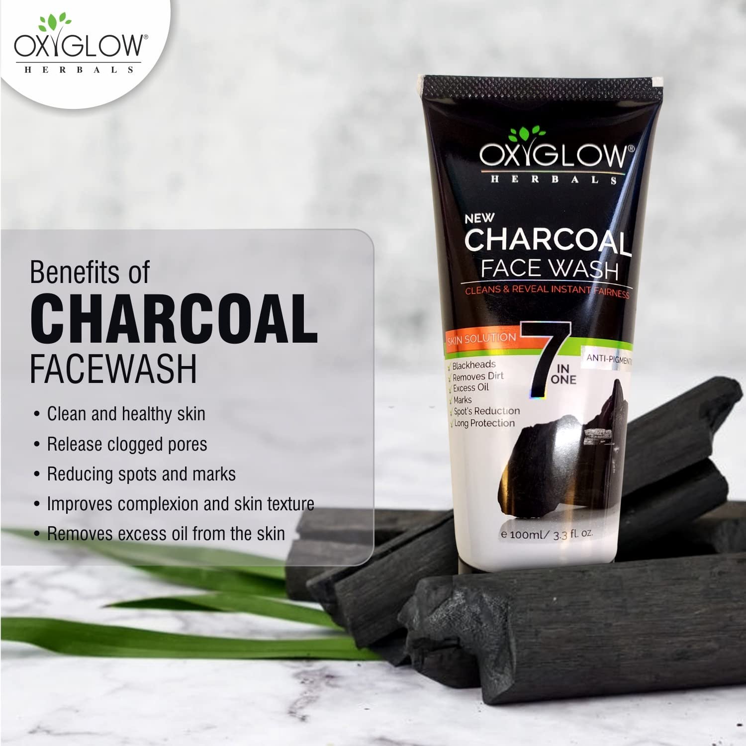 OxyGlow Herbals 7 in 1 Charcoal Face Wash | Deep Exfoliation, Oil & Dirt Removal, Dark Spot Care – 100g