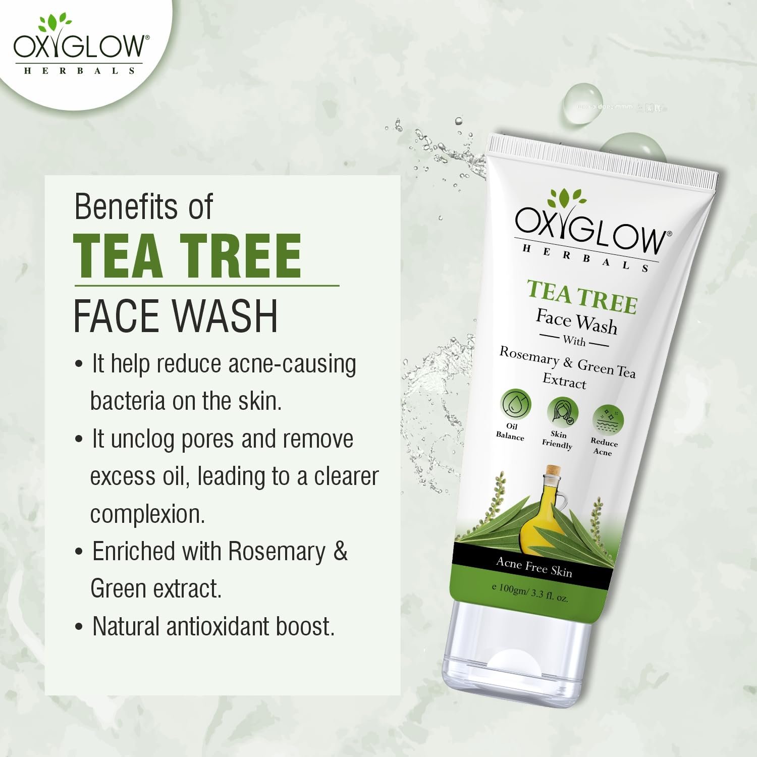OxyGlow Tea Tree Face Wash with Rosemary & Green Tea | Oil Control, Acne Care & Gentle Cleansing – 100g