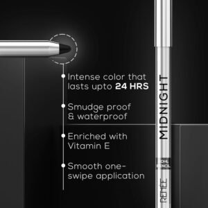 RENEE Midnight Kohl Kajal – Darkest Black, 24Hr Stay, Waterproof & Smudge-Proof with Sharpener | 1.5g
