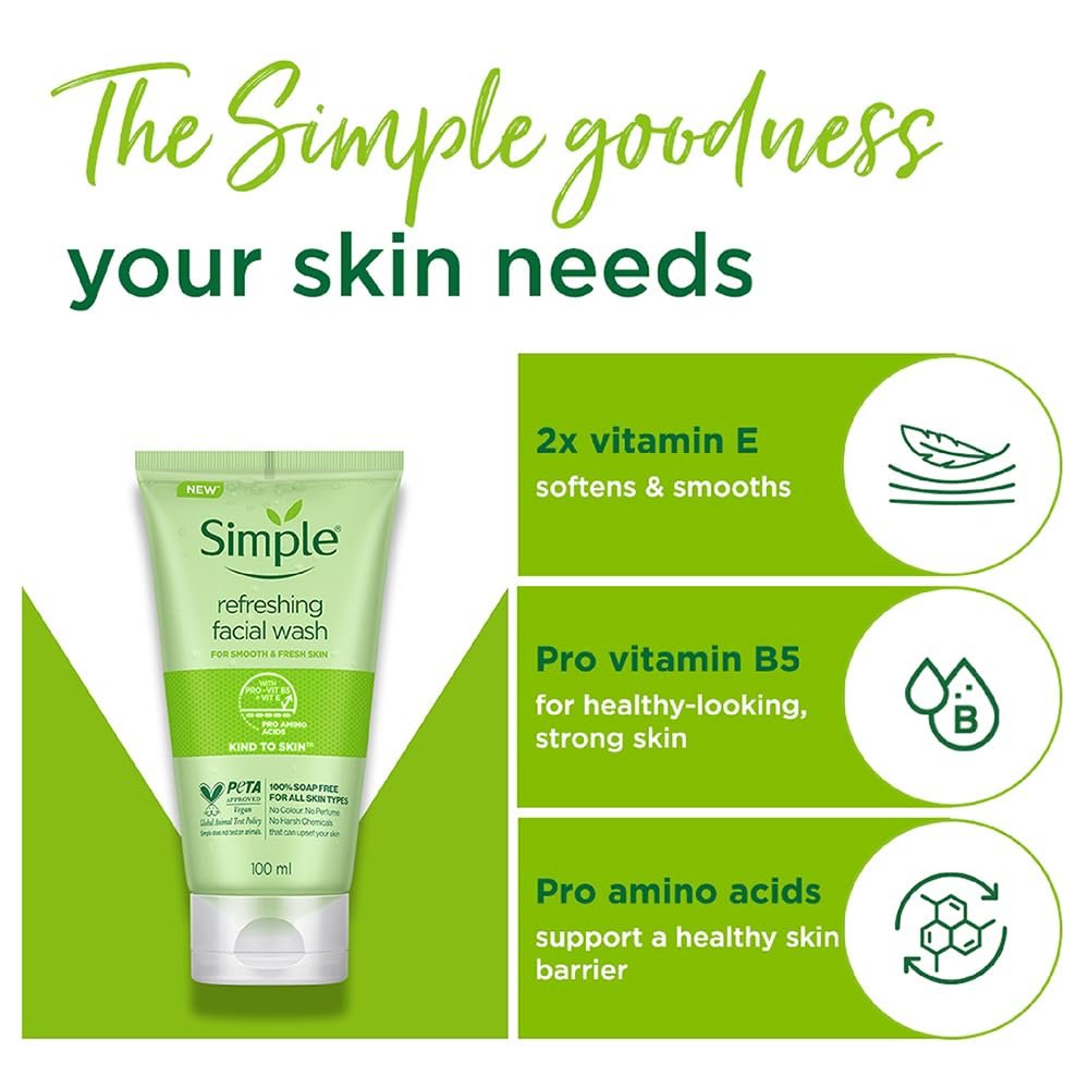 Simple Kind To Skin Refreshing Facial Wash – 100% Soap-Free Gentle Cleanser for All Skin Types - 100ml - Image 5